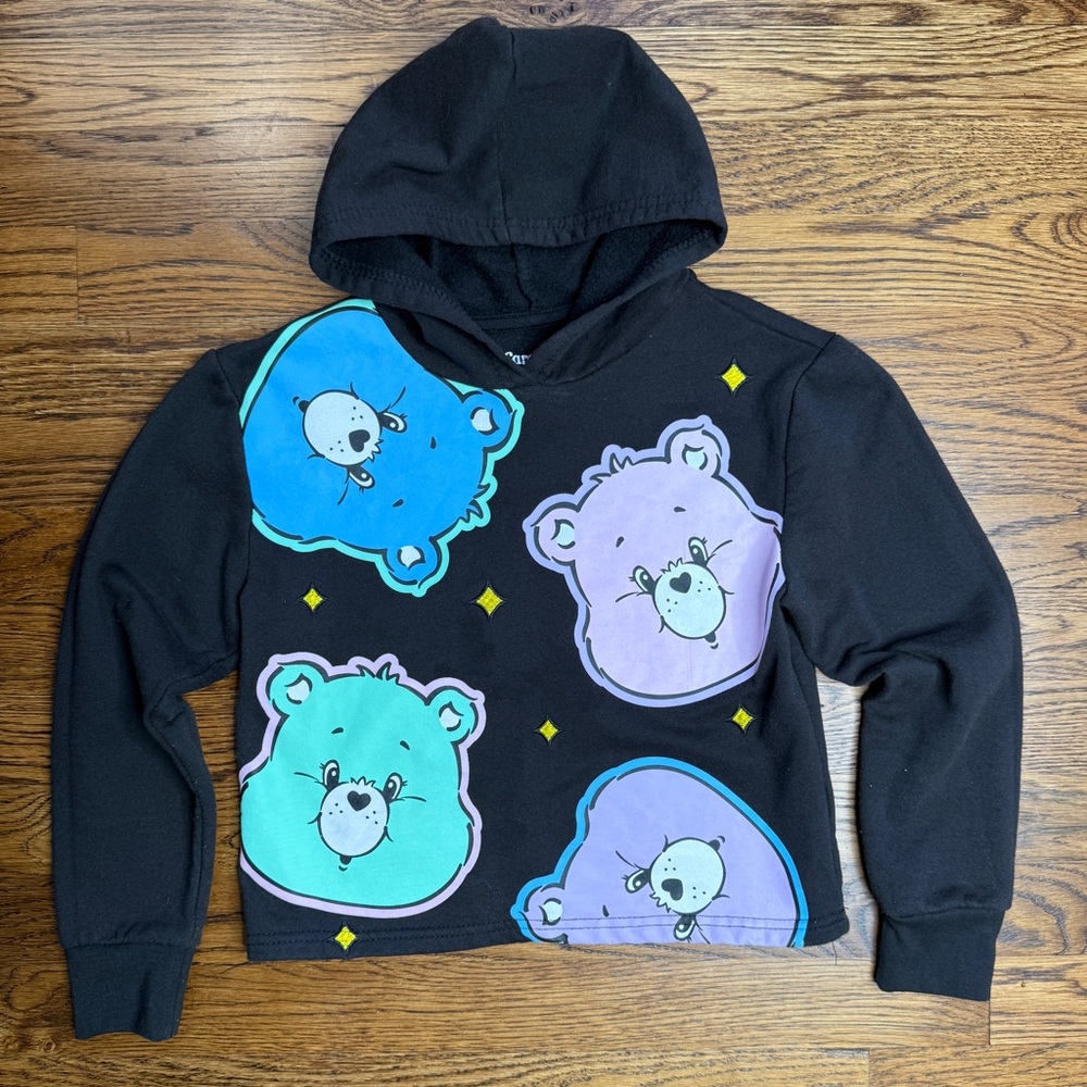 Care Bears Girls Black Hoodie with Colorful Pastel Care Bear Prints Size 7/8